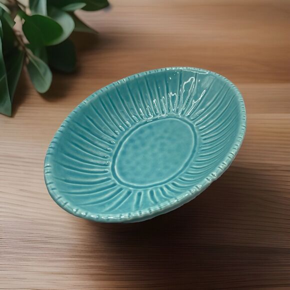 Italian Turquoise Majoliche Jessica Dimpled Oval Serving Bowl Dish Trinket 9x6 - Picture 1 of 4